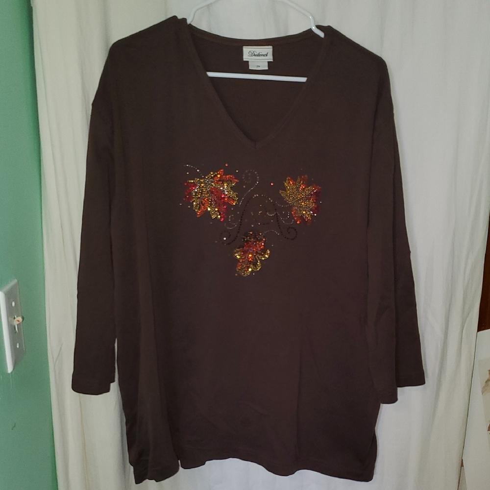 Vintage Y2k Sparkly Bedazzled Fall Leaves 3/4 Sleeve Top